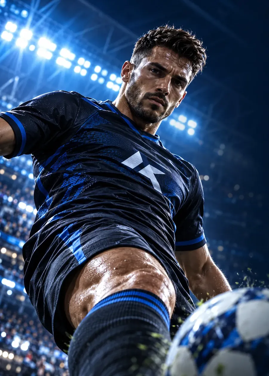 Footballer striking the ball under stadium floodlights, 1xBet cash agent